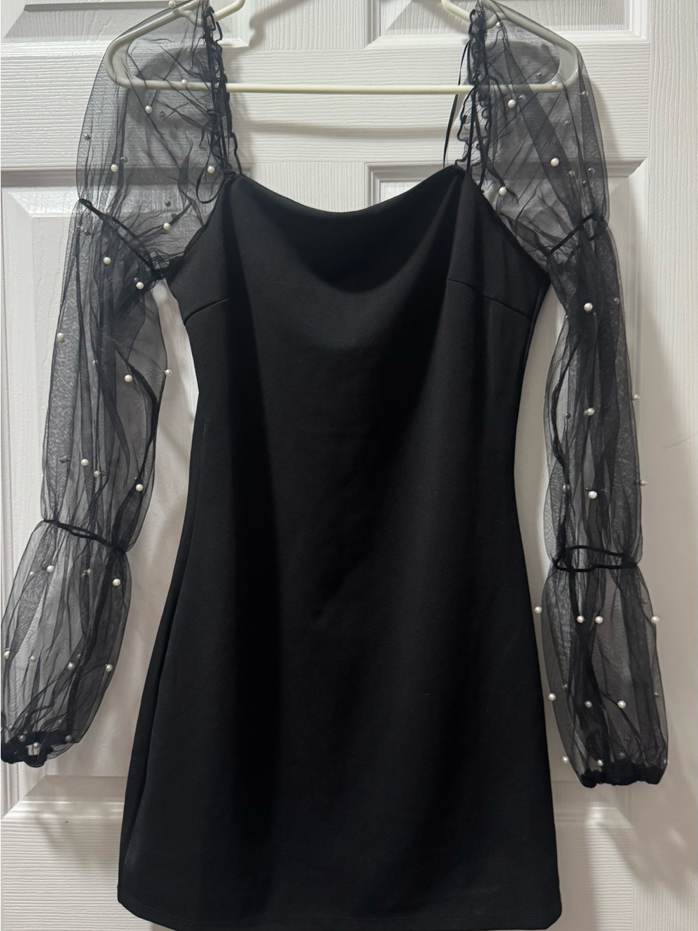 Black Pearl-Trim Sheer Sleeve Mini Dress